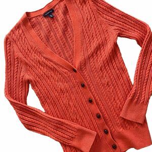 LANDS END Wool Cotton Orange Aran Cable Knit Fisherman's Knit Cardigan Size XS